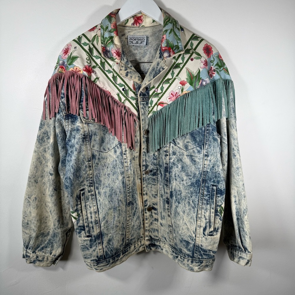 Vintage Sportdeco Western Denim Jacket Floral Fringe Acid Wash Women’s Size M